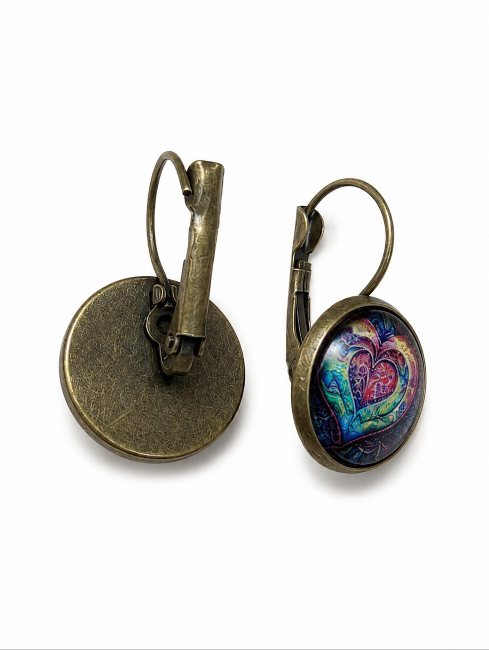 Vintage Bronze Tone Heart Earrings | Colorful Boho Dangle Earrings - Picture 4 of 4